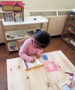 Montessori student working with the Metal Insets material.