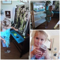 Montessori student during the first day back to school, September 2023. Painting, Classroom Pet Fish, and Sparkle Jar