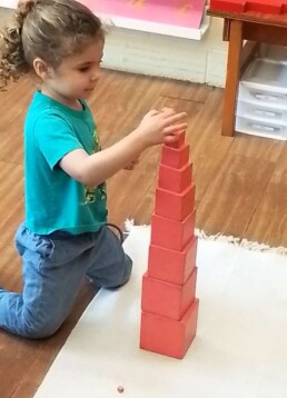 Montessori student working with the Pink Tower material.