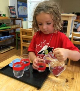 Lyonsgate Montessori student pouring to marked levels to develop motor skills.