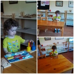 Montessori student during the first day back to school, September 2023. Transportation Puzzle for dexterity and language development, and Cutting Paper scissor work.