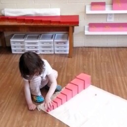 Lyonsgate Montessori student using the Pink Tower material.