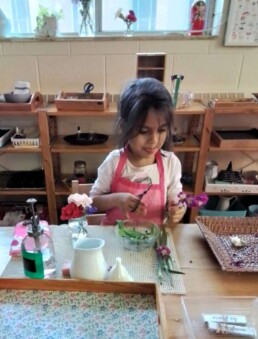 Lyonsgate Montessori student engaged in the Flower Arranging activity.