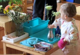 Lyonsgate Montessori Toddler student engaged in a flower arranging activity.