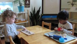 Lyonsgate Montessori Toddler students engaged with puzzle and play dough.
