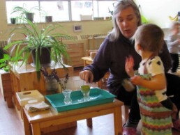 Lyonsgate Montessori Toddler student practicing pouring.