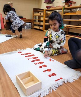 Lyonsgate Montessori student using numbers and counters for a visual representation of the decimal system.