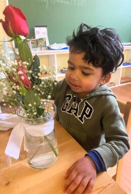 Lyonsgate Montessori Casa student engaged with the Flower Arranging activity.