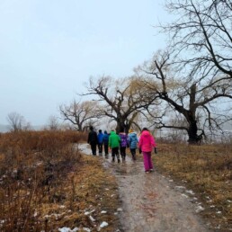 Lyonsgate Montessori Elementary students on a foggy class hike.
