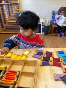 Lyonsgate Montessori Casa student using a Montessori Colour Box to sort gradations of colours.