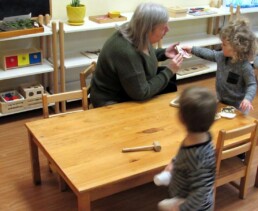 Lyonsgate Montessori Toddler student building vocabulary and motor skills with an animal puzzle.