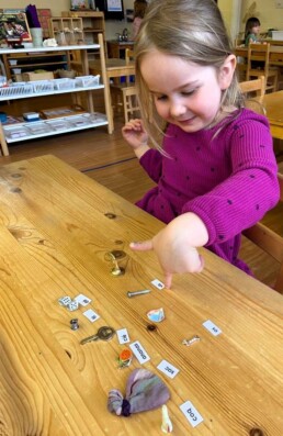 Lyonsgate Montessori Casa student learning French vocabulary with objects and cards.