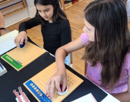 Lyonsgate Montessori School Elementary students learning long division with Montessori materials.