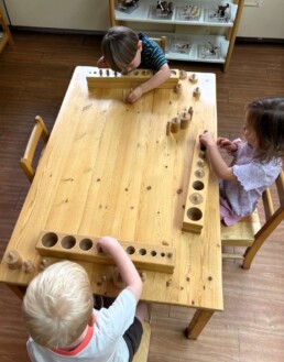 Lyonsgate Montessori School Casa students working with the Montessori Cylinder Blocks material.