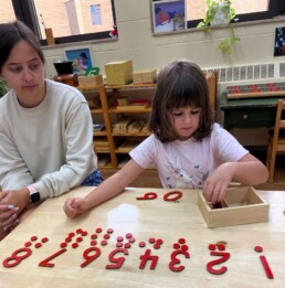 Lyonsgate Montessori School Casa student receiving a presentation with the Montessori Numerals and Counters material.