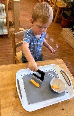 Lyonsgate Montessori School Toddler student helping his class and learning life (and motor) skills by preparing some of the daily snack.