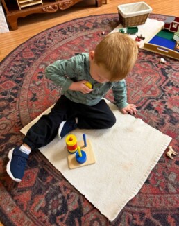 Lyonsgate Montessori Toddler student beginning a colour sorting activity.