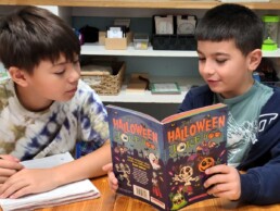 Lyonsgate Montessori School Elementary students sharing Halloween jokes.