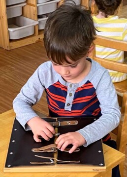 Lyonsgate Montessori School Casa student working with a Montessori Dressing Frame material -- the buckle frame in this case.