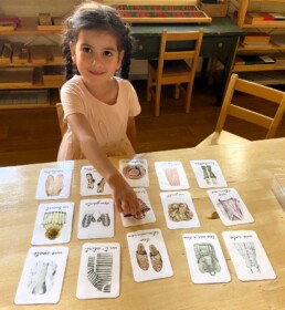 Lyonsgate Montessori School Casa student working with her French classroom assistant and Montessori French Classified Cards.