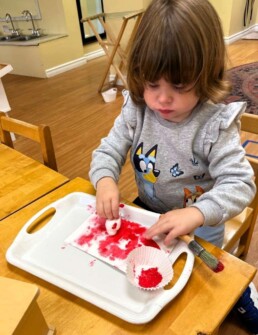 Lyonsgate Montessori School Toddler student exploring different textures while being creative with her paint.