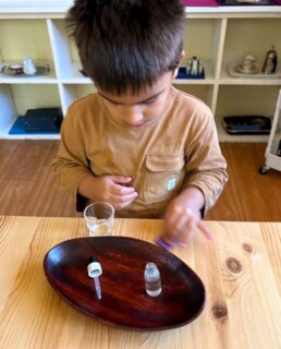 Lyonsgate Montessori School Casa student working with a dropper to develop fine motor skills and focus.