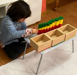 Lyonsgate Montessori School Casa student deeply focused on an extension activity with the Montessori Knobless Cylinders materials.