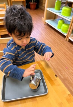 Lyonsgate Montessori School Toddler student engaged with a Montessori Pouring activity that develops motor skills and concentration.