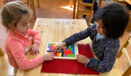 Lyonsgate Montessori School Casa students working together to complete a challenging puzzle.