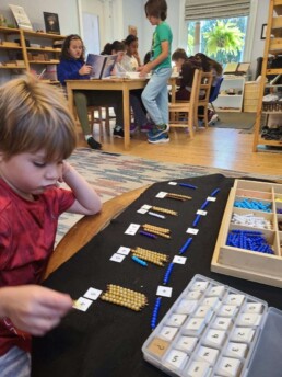 Lyonsgate Montessori School Elementary student working with Montessori Multiplication Bead Bars by 9.