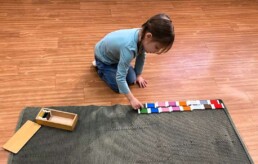 Lyonsgate Montessori School Casa student working with a Montessori Colour Box material to develop visual discrimination and colour vocabulary.