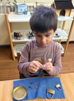 Lyonsgate Montessori School Casa student developing fine motor skills and concentration with the Montessori Locks and Keys activity.