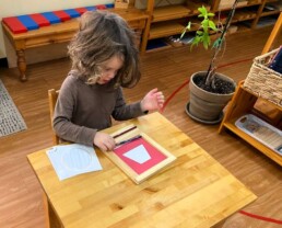Lyonsgate Montessori School Casa student working with the Montessori Metal Insets material.