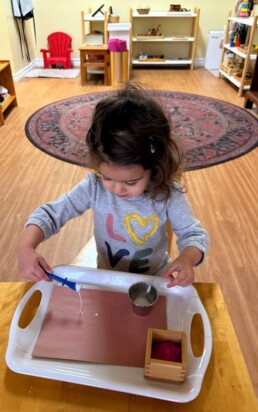 Lyonsgate Montessori School Toddler student beginning a pasting project that helps build motor coordination through creativity.