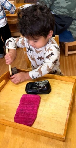 Lyonsgate Montessori School Toddler student working at the Montessori Polishing Shoes activity.