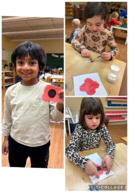 Lyonsgate Montessori School Casa students making poppies on Remembrance Day.