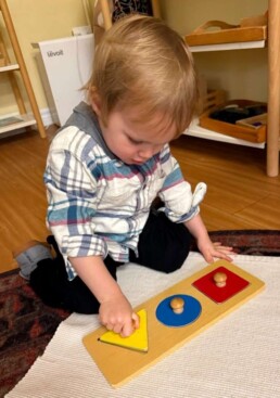 Lyonsgate Montessori School Toddler student working with a primary colour puzzle to build motor skills and geometry vocabulary.