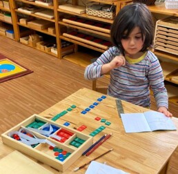 Lyonsgate Montessori School Casa student working on addition with the Montessori Stamp Game material.