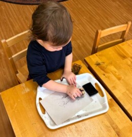 Lyonsgate Montessori School Toddler student learning to use a stamp and inkpad for creativity, motor control, and handwashing practice.