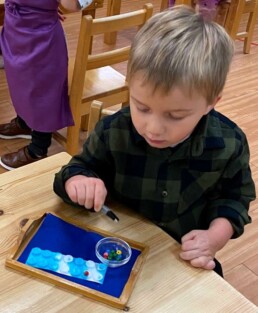 Lyonsgate Montessori School Casa student using tweezers to pick up and place beads, and build fine motor skills while doing so.