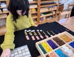 Lyonsgate Montessori School Elementary student building knowledge of the multiplication table of three.