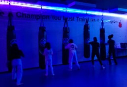 Lyonsgate Montessori School Elementary students at their winter phys. ed. martial arts program kickboxing in the