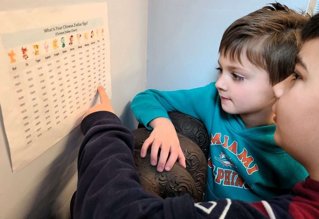 Lyonsgate Montessori School Elementary students checking their year of birth against the Chinese zodiac.