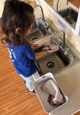 Lyonsgate Montessori School Toddler student taking care of her environment by getting cloths ready for her classmates for after lunch.