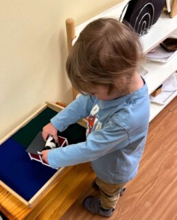 Lyonsgate Montessori School Toddler student working with farm animals and seeing what type of habitat they live in; is it water or land? and in a structure or not?