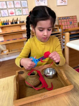 Lyonsgate Montessori School Casa student engaged in a Montessori cutting activity to build fine motor skills and concentration.