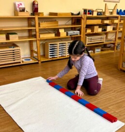Lyonsgate Montessori School Casa student setting up the Montessori Number Rods material.