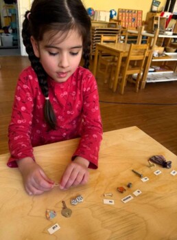 Lyonsgate Montessori School Casa student working with the French language Montessori Phonetic Object Box material.