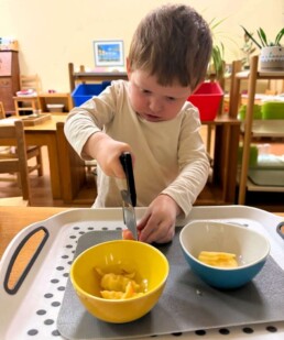 Lyonsgate Montessori School Toddler student caring for his classmates by by helping to prepare snack, an activity that builds fine motor control, concentration, and has a delicious reward.