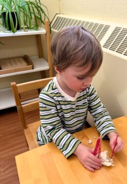Lyonsgate Montessori School Toddler student building the hand strength needed for further motor skills development with playdough.
